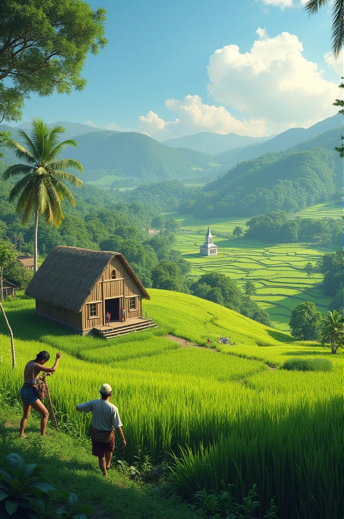 The first section of the image shows traditional "bahay kubo" (nipa huts) in a rural setting with Filipinos working in rice fields and attending a Catholic church service. This represents how the Spanish introduced Western knowledge and practices, particularly in agriculture, medicine, and religion. Make it landscape