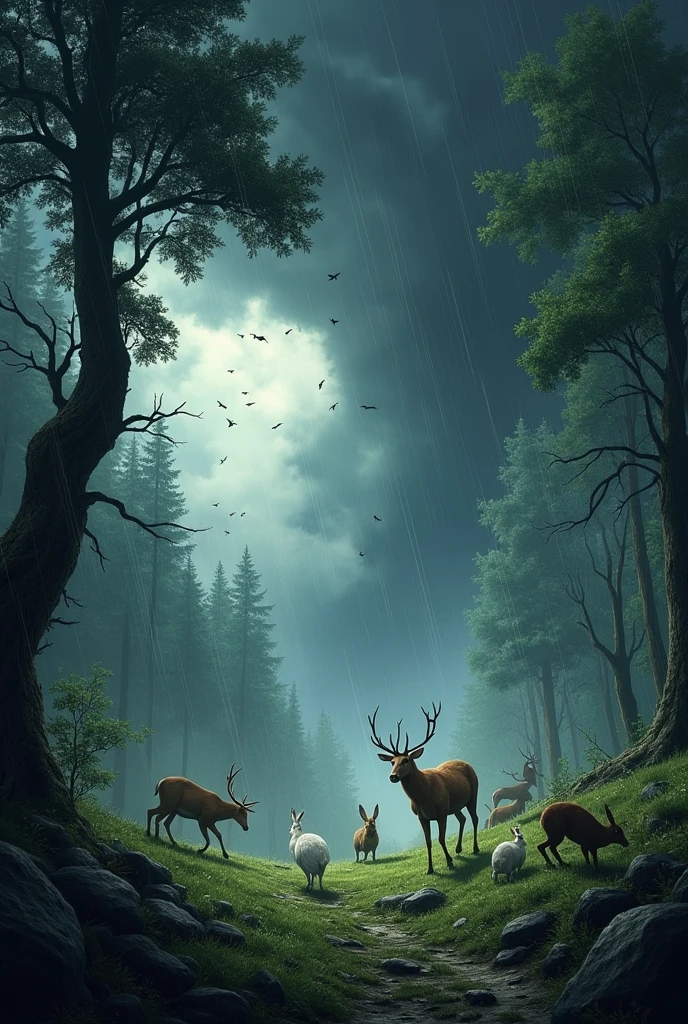 Strong storm hitting a forest with animals running for shelter 
