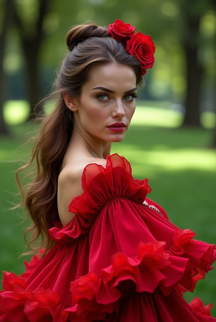 Woman Jennifer connelly model long hair Brow bun with red rose in hair n blue eyes dress red ballet flamenco sevillana ruffles in park