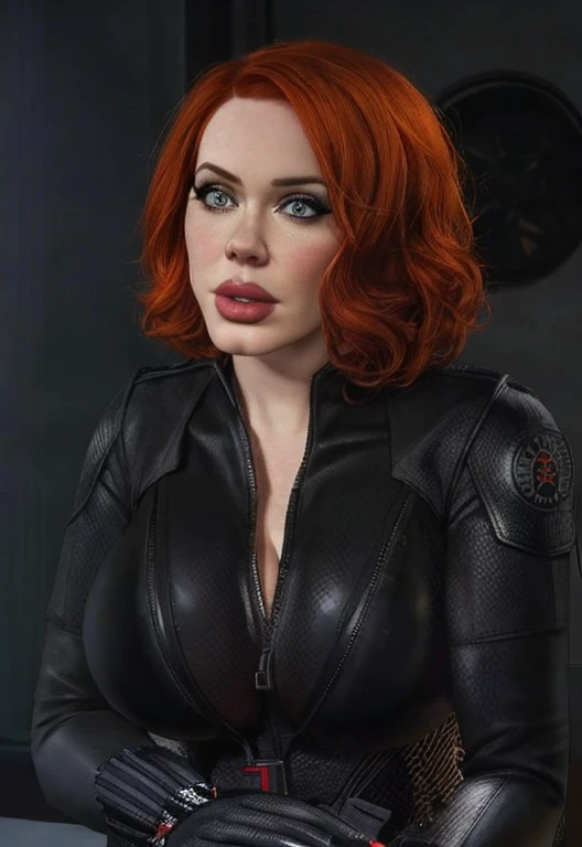 4 Christina Hendricks as the character Natasha Romanoff/Black Widow from the Marvel Cinematic Universe, with a huge bust in a tight black leather suit, Running makeup on face. High-quality facial research of Christina Hendricks. Include Christina's sculpted cheekbones and slight wrinkles around the face. High-quality detailed research of Christina Hendricks voluptuous figure. Pale skin. Short wavy hairstyle. Orange hair color. Bright Blue Eyes. Mascara. Red lipstick. Highly detailed skin. Lush bust. Buxom Chested. Leather glitters. Emphasizing large breasts and waist. Christina Hendricks's breasts barely fit in the tight leather suit. Big curvy bust. Metallic armlets, gun holsters and fingerless gloves. Meticulous attention to detail in Black Widow's costume texture. Set the scene against the backdrop of a high-tech, futuristic environment, perhaps a S.H.I.E.L.D. headquarters. Masterpiece, Best Quality, Super Detailed, High Definition, Expensive Resolution, HDR, Super Detailed CG, Beautiful Details, Depth, Fine Texture, Super Fine, Complete concentration,
