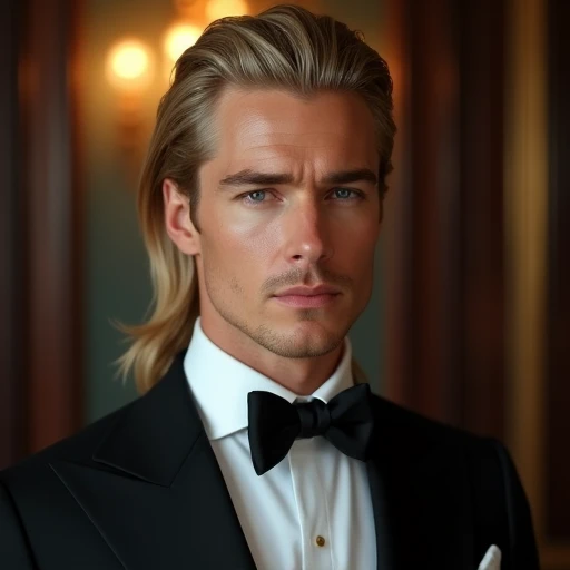 (photorealism:1.2), handsome man, back-length blond hair, gray eyes, fair skin, formal, elegant, fancy, well defined, extremely handsome man, formal, black suit, handsome