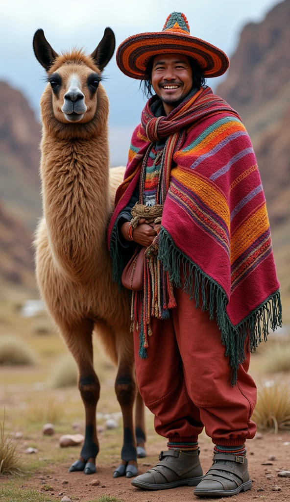 a llama with a colorful shawl and an Andean Aymara man of size 1.70 with Andean Peruvian chullo crocheted in various colors, typical Inka, smiling, wearing Inka clothing, Peruvian looks, still style, traditional costume, cloth pants, footwear made of sandal model tire, Quechua!!, Quechua!, Peru, traditional clothing, wearing authentic clothing, Bolivian cholitas, Bolivian Ivan