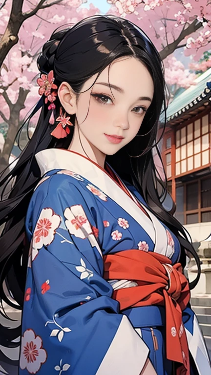 SeaArt creates stunning digital illustrations of beautiful women in kimono、A beautiful woman smiles and shows her upper white teeth、Vividly colored digital illustrations reminiscent of Ukiyo-e、Brown-black long hair、Beautiful full body style、If you want to dance, try the Tokyo Ondo～Yoiyoi、Yukata looks good too、Beautiful and innovative digital anime paintings,、 Detailed digital anime art in the background、Shrines and temples in Kyoto、Beautiful digital animated portrait、