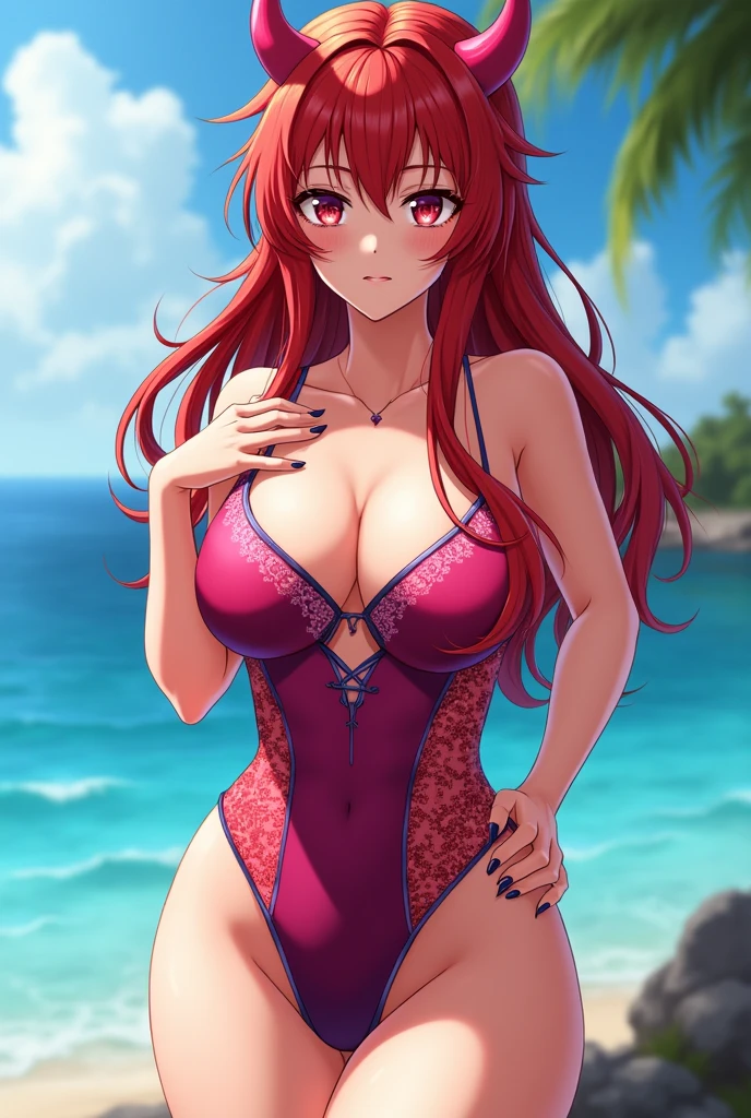 Beautiful red-haired anime girl in a red bikini swimsuit in a doggy style
