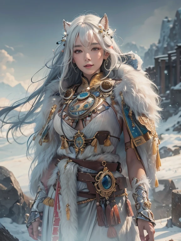 Hiding in the snowy mountains、Hair Flow、 ((Highest quality、masterpiece、8k、Best image quality、Ultra-high resolution、Award-winning works)、(Accurate anatomy:1.1)、(Look at me and smile:1.1)、Shining fair skin with Ultra-high resolution、The most detailed face、Ultra-high resolution detailed face、Ultra-high resolutionの髪の毛、(Ultra-high resolutionの煌めく瞳:1.1)、Beautiful face drawn in every detail、(Blurred Background:1.1)、Ancient Inuit clothing, Chest to chest, tattoo, Old ruins in the background、he'that'big, You have a real hawk on your shoulder..