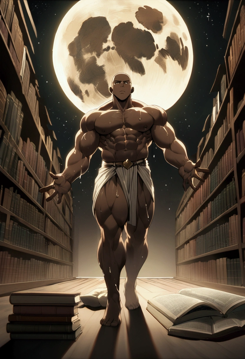 Age 25、Shaved head、Muscular man looking for a book、whole body、Thick body hair、Your body is wet、Library under the stars、Uplifting、full moon、Brown skin、magic、Magic School
