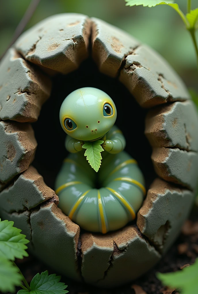 a caterpillar inside a broken rock is eating a green leaf at the tip of its mouth