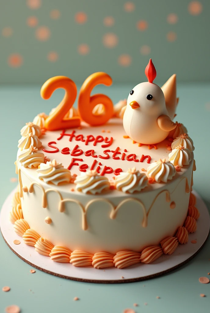 Birthday cake that says Sebastian Felipe, the number 26 and a bird drawn on the cake