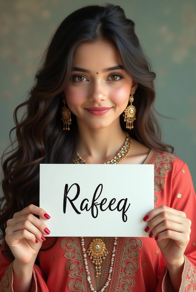 Beautiful girl with wavy long hair, in Punjabi Pakistani dress, holding a white board with text " Rafeeq" and showing it to the viewer