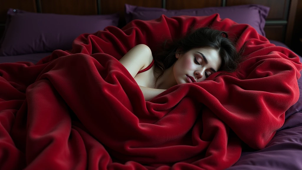 The picture depicts a woman lying on a luxurious mattress covered tightly with three luxurious dark red blankets, very thick, very soft, very soft and very heavy, lying on a very soft bed with dark purple sheets, the person is completely covered from head to toe to look like a cocoon and mummy, the position of the picture shows the whole body, only a small part of the face and hair are visible, showing white skin.