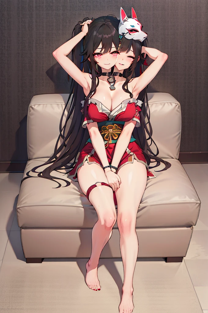 (2 heads:1.3), 1 woman, Sparks \(Honkai: Star Rail\), Twintail, hair accessories, alone, Off shoulder kimono, black nails, Mask on the head, Arms separated, choker, heart, Single gloves, Wristband, Hanging rope across, thigh strap, smileที่พอใจ, sitting on the sofa, cross your legs., cross your legs, Look at the viewer., Barefoot, living room, Masterpiece, illustration, beautiful, 4K, 8ก,DSLR Photos, (8ก, 4K, Masterpiece),(Masterpiece, best quality), best resolution, (3 heads:1.5),Arms separated,arm circle, (Put your hands on your head....), (lower hand on ankle), (lower hand on leg), Full content in the frame, full body view, (four arms),(Multi-arm),(many hands), รูปร่างเพรียวบาง Masterpiece,best quality,best resolution,1 woman,many heads, upper body, smile, Facing the audience,big breasts,simple background,หน้าbeautiful,ผมbeautiful,ดวงตาbeautiful,ร่างกายที่beautifulงาม,มือbeautiful,conjoined twins