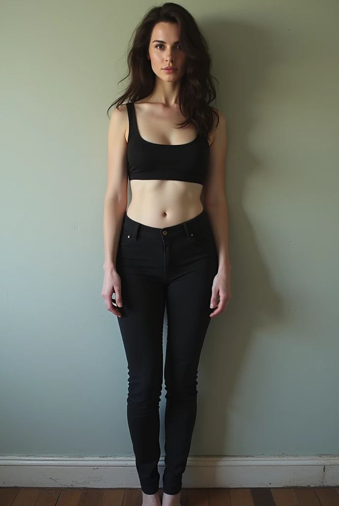 Anna hathway with pale skin, hourgalss body, wearing top and pants, wall, poor quality picture, bad quality picture