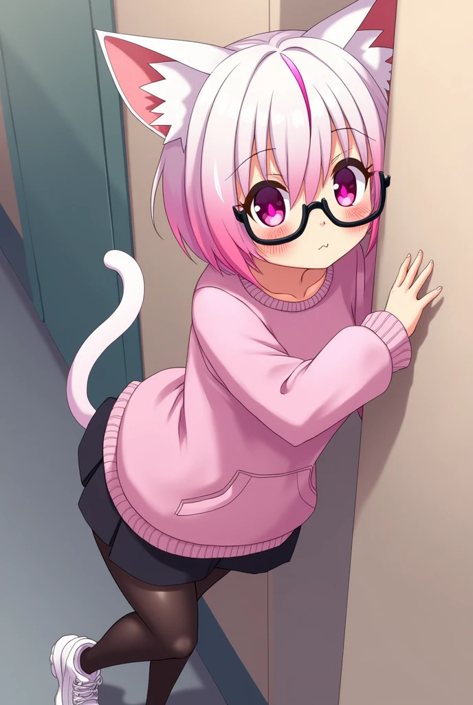 I have pink white hair, cat ears, a bow, My face is super blushing, black glasses, pink heart eyes, a big pink sweatshirt, a skirt under her skirt a black short, black stockings, White shoes, a cat&#39;s tail, A very shy girl I&#39;m hitting you against a wall grabbing her butt