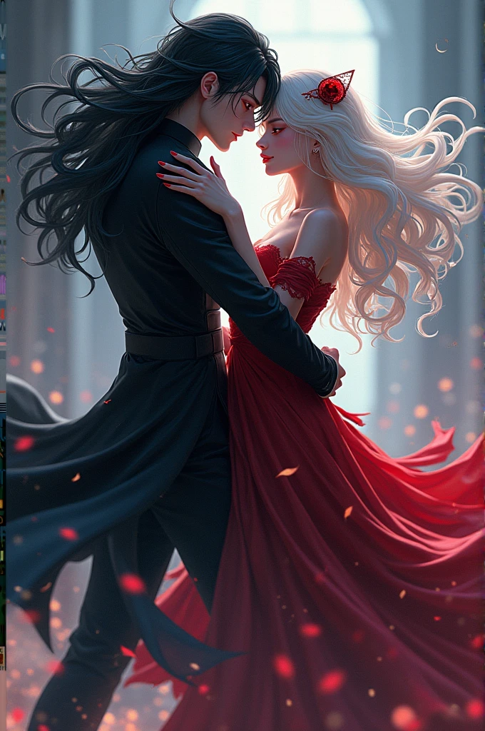 man with long black hair and red eyes dancing with a woman with white hair, dark skin and red eyes, anime styling
