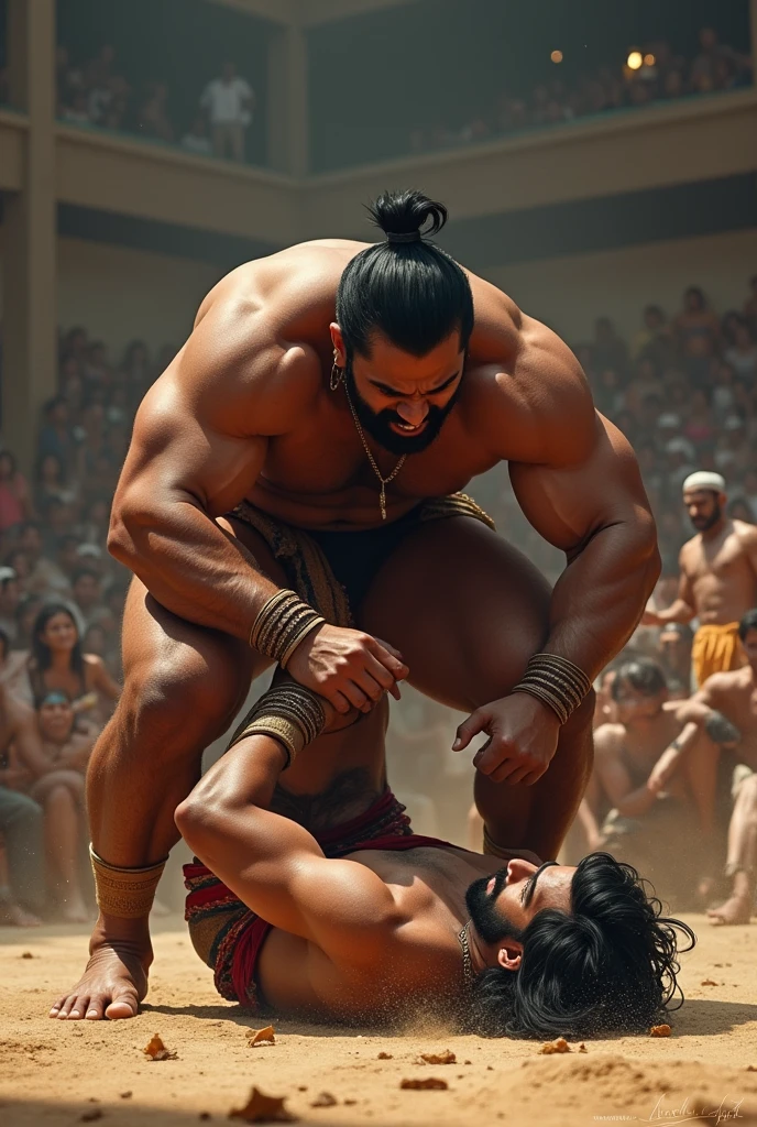 Fit indian wrestler pinning opponent on ground by trampling his face under his boots