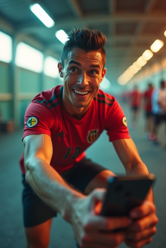 A footballer ronaldo with his jersey taking a phone in hand and clicking selphi in vlogging style