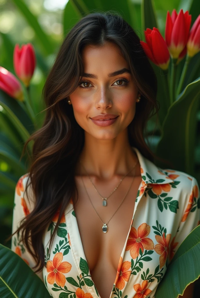 A Brazilian woman in a lush tropical garden, wearing an open shirt with a floral print, with a close-up capturing the harmonious beauty between her breasts and the natural flowers, showing off your natural charm and outgoing personality.