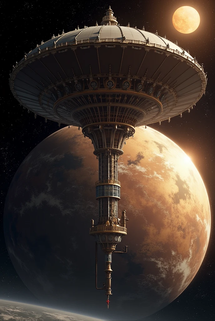 A steampunk design of a cosmic giant umbrella-shaped satellite larger than the radius of the Earth is blocking sunlight and causing a solar eclipse on the Earth. Dynamic global warming countermeasures, giant parasol, realistic sci-fi movie style.