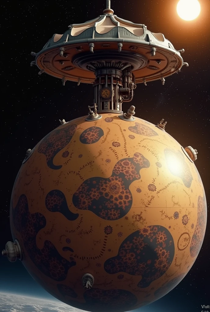 A steampunk design of a cosmic giant umbrella-shaped satellite larger than the radius of the Earth is blocking sunlight and causing a solar eclipse on the Earth. Dynamic global warming countermeasures, giant parasol, realistic sci-fi movie style.
