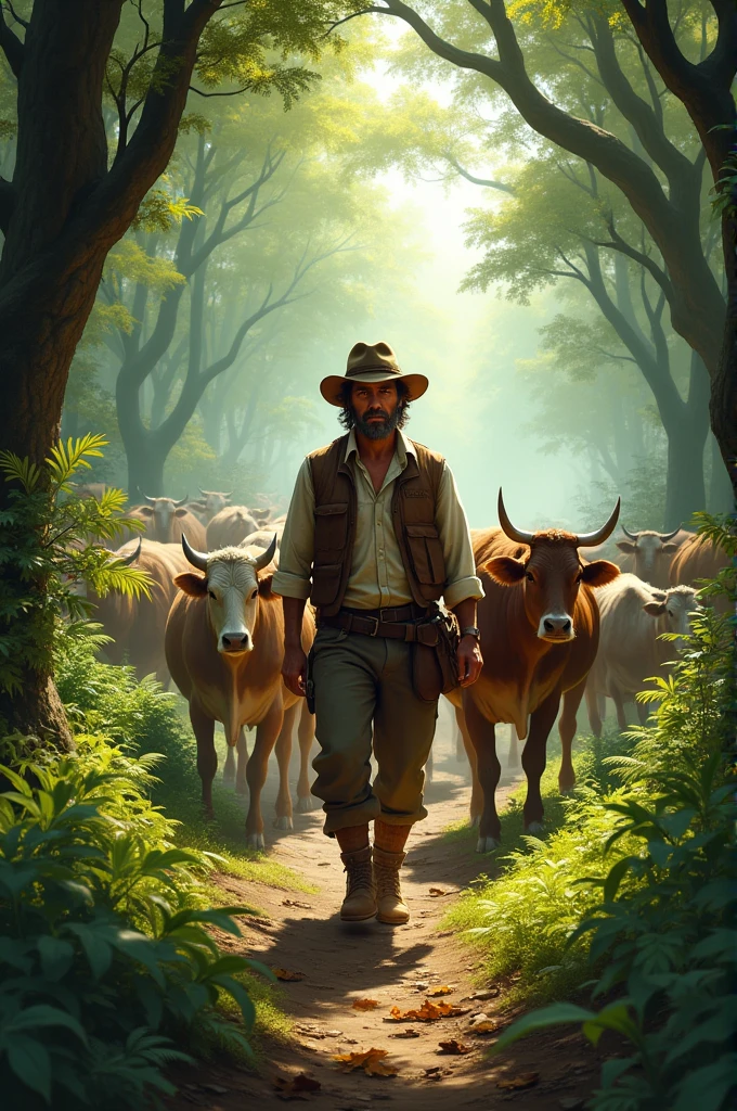 A picture of a rural cowherd herding cattle in the forest