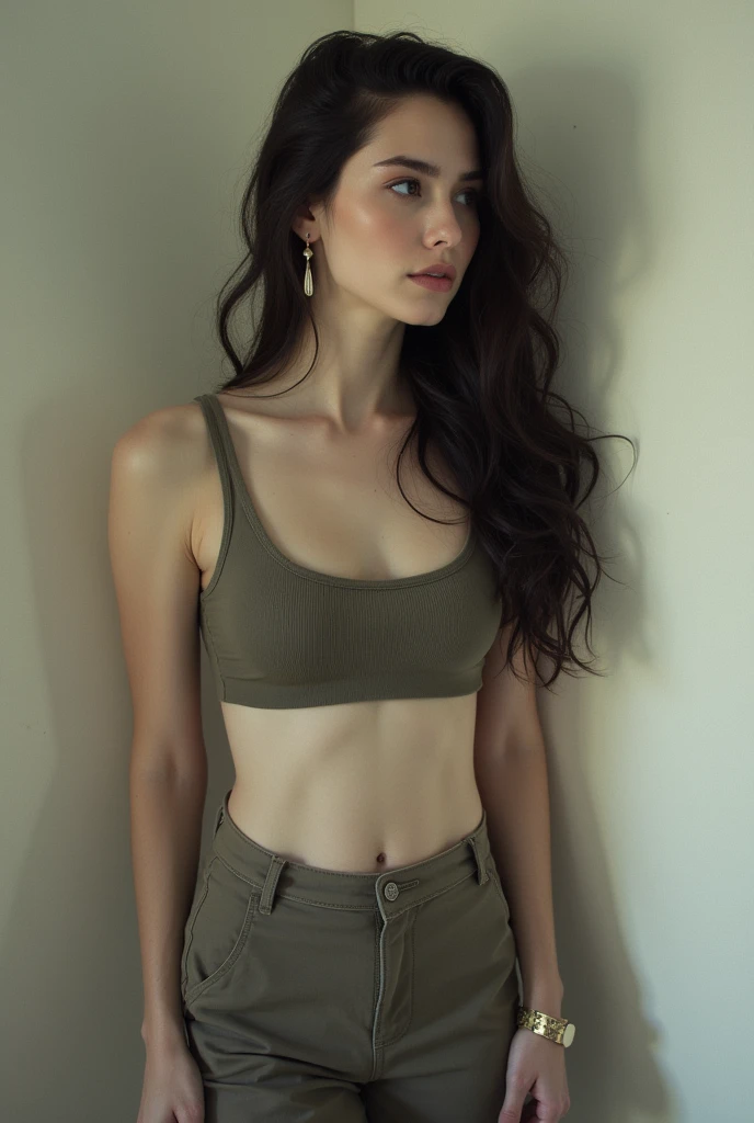 Anna hathway with pale skin, hourgalss body, wearing top and pants, wall, poor quality picture, bad quality picture