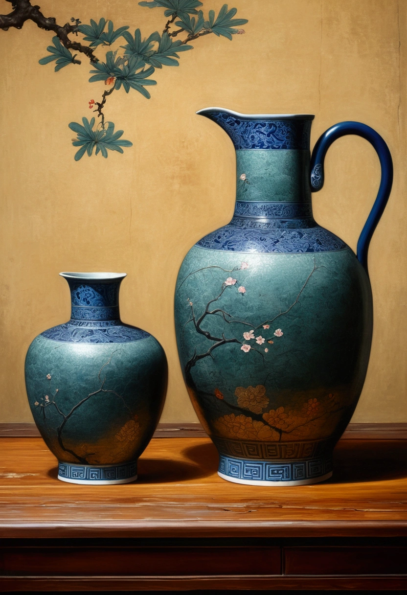 masterpiece, superior quality, best quality, official art, beautiful and aesthetic: 1.2), two jugs of water, one perfect and the other completely cracked, on a rustic table

, ming dynasty, masterpiece, best quality, high quality, high resolution, 16K, RAW, ultra high resolution, ultra details, fine details, an extremely delicate, extremely detailed real shadow, anime, highly detailed painting, award-winning glamor painting, wonderful painting, artistic style, stylized