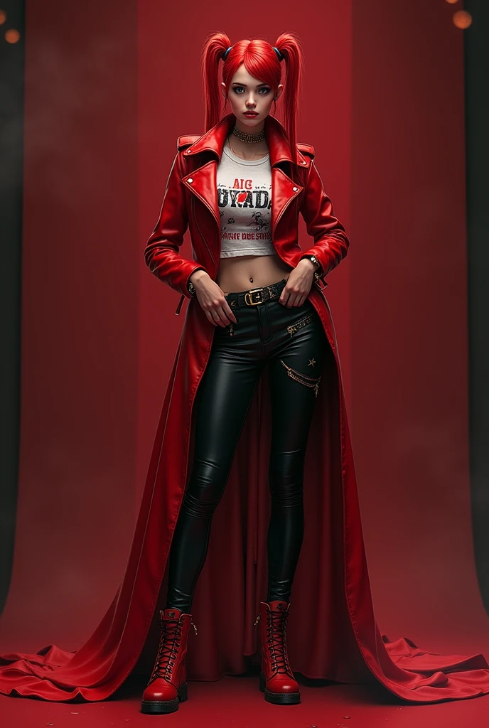 Red, daughter of the queen of hearts 1. **Colors and Style:** The color palette of Red's outfit is predominantly red., reflecting her name and her bold personality. She also uses black and gold details..
2. **upper part:** Red usually wears a red leather jacket, which has a modern, fitted cut. The jacket may have details such as zippers or studs., giving a rebellious air.
3. **blouse:** under the jacket, She often wears a long-sleeved blouse or t-shirt that may have prints or graphics that reflect her attitude..
4. **pants:** Her pants are usually tight, often in black or red, matching the style of the jacket. They can be made of leather or a similar material., complementing the bold look.
5. **booties:** Red wears high-top boots, that are both stylish and practical for your adventures. The boots have details like buckles or zippers.
6. **Accessories:** Her accessories include bold jewelry, like big earrings and bracelets, that add an extra touch to the look. She can also wear a stylish belt that complements the outfit..
7. **Hair and makeup:** Her hair is usually long and can be varying shades of red or brown., depending on the scene. The makeup is intense, focusing on the eyes, highlighting his powerful look.