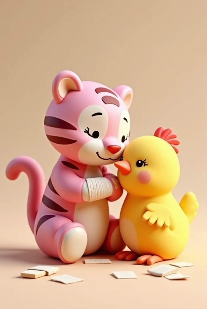 (animated 3d) a little pink tiger with a bandage on his paw and a little yellow chicken with a bandage on his wing, sitting next each other with more bandages, more realistic but sweet and cute