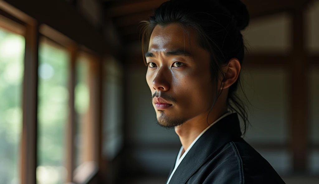 Japan folklore,A samurai wearing a black hakama is gazing into the distance with a gloomy expression,Excited, Photo of your face, In the mansion,with a natural look, With a slightly tired look, tilt your face a little, Diagonal orientation, Average face
