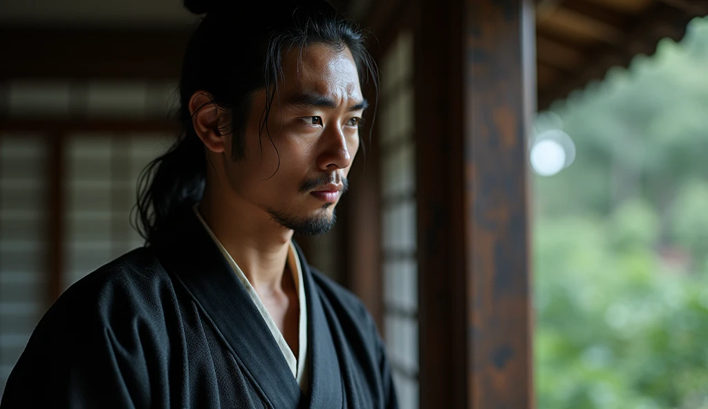 Japan folklore,A samurai wearing a black hakama is gazing into the distance with a gloomy expression,Excited, Photo of your face, In the mansion,with a natural look, With a slightly tired look, tilt your face a little, Diagonal orientation, Average face