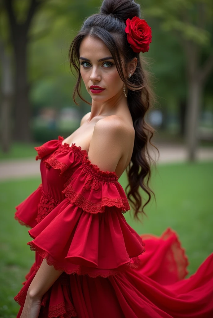 Woman  Jennifer connelly model long hair Brow moño con rosa roja en el cabello n blue eyes dress  red ballet flamenco  sevillana  volantes encaje in park 