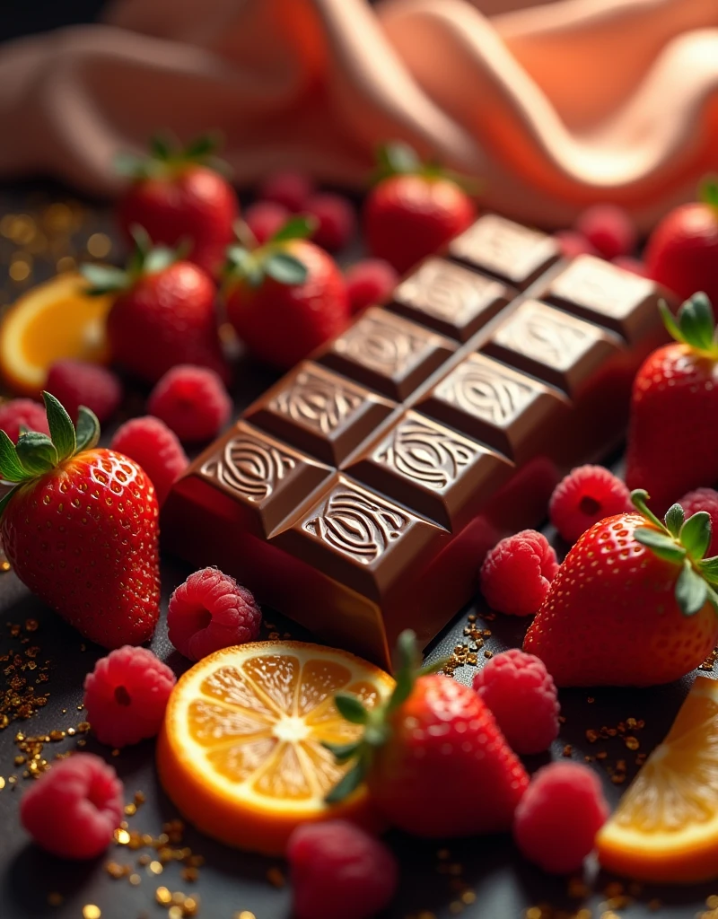 "Create an image of an exotic, luxurious chocolate bar that is styled to look incredibly stylish and beautiful. The chocolate should have a glossy finish with intricate patterns or designs, making it look almost too perfect to eat. Surround the chocolate with a variety of vibrant, fresh fruits like strawberries, raspberries, and sliced oranges. The setting should be elegant, with a sophisticated background that enhances the overall beauty and luxury of the scene, perhaps with soft, warm lighting and delicate touches like gold flakes or a silk cloth draped nearby."