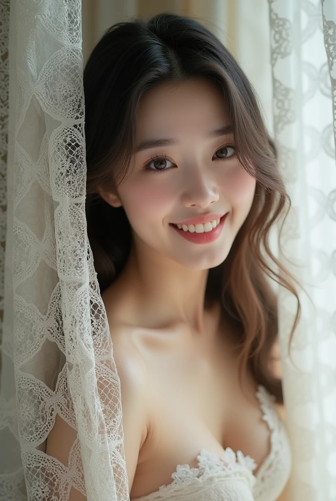 Woman wrapped in curtains、Lace curtains、Beauty、韓国人Beauty、裸のBeauty、Intricate lace curtains、Long Hair、Smiling with teeth showing、Looks fun lol、Perfect proportions