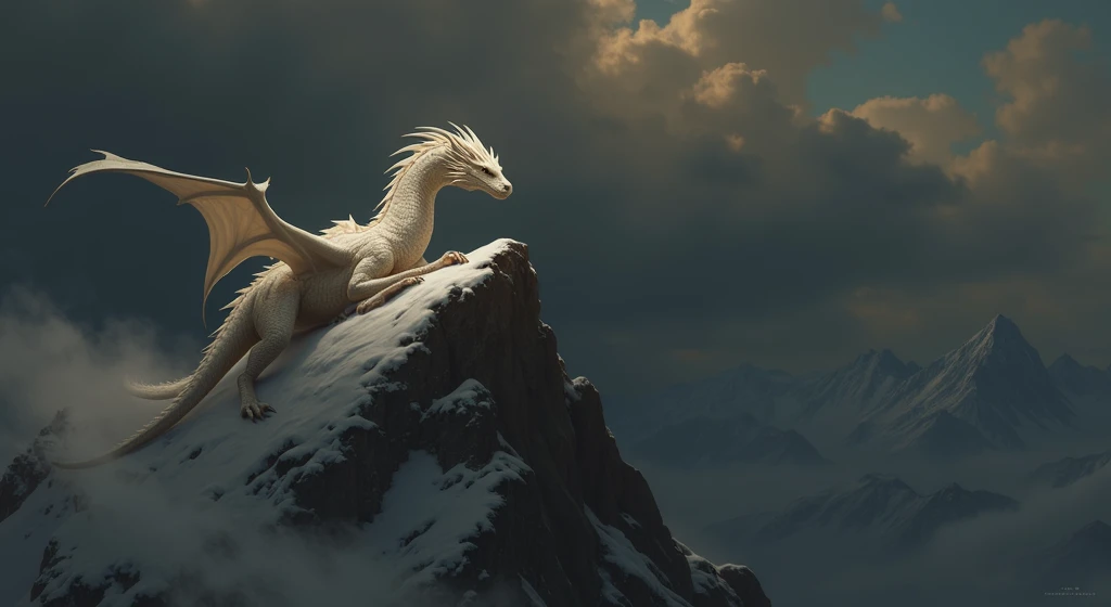 A white dragon perched on the edge of a mountain