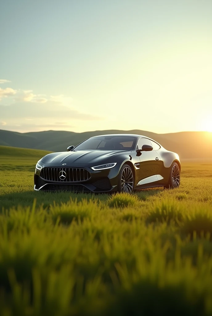 Car luxury stand in field on sun light