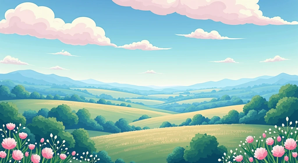 draw it as a CARTOON HERE IS THE DESCRIPTION: A serene and bucolic landscape that can evoke the essence of a valley with soft tones and a charming atmosphere. Although it is not pink, The calm atmosphere and wide field can help you visualize how it could be adapted for a "Pink Cotton Valley" with pink nuances and similar elements.