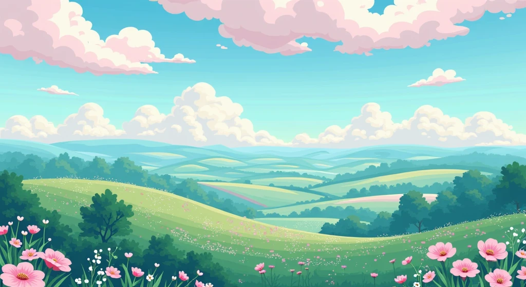 draw it as a CARTOON HERE IS THE DESCRIPTION: A serene and bucolic landscape that can evoke the essence of a valley with soft tones and a charming atmosphere. Although it is not pink, The calm atmosphere and wide field can help you visualize how it could be adapted for a "Pink Cotton Valley" with pink nuances and similar elements.