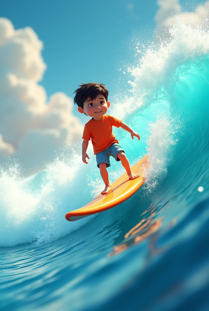 a boy riding a surfboard on the sea,presented in a style inspired by Pop Mart and Disney,featuring a blurred and dreamlike atmosphere,playful use of shapes,and showcasing lively and youthful images in an ad poster.Rendered in a 3D cartoon style, the poster exhibits the best quality with the utilization of 3D rendering techniques such as OC rendering,Blender,and C4D.The lighting is soft,and the quality is high,offering an 8K