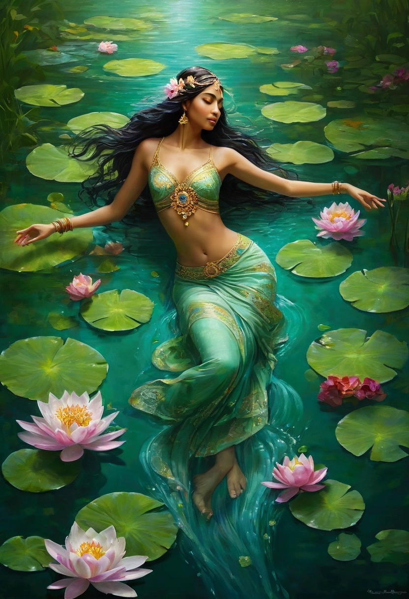 A graceful floating water goddess Suggested details Indian-like style A graceful floating water goddess, her delicate figure is surrounded by a tranquil garden of ethereal water flowers. These flower petals convey many emotions, moving gently with the wind rippling on the surface of the clear water. The stems of aquatic plants come in many vibrant colors, dazzling with their beauty. This captivating scene is depicted in a painting of stunning detail, where every aspect comes alive with rich and vibrant colors against the surrounding green background, transcending reality and illusion. , the footage has high detail, impressive lighting, and is extremely realistic.
