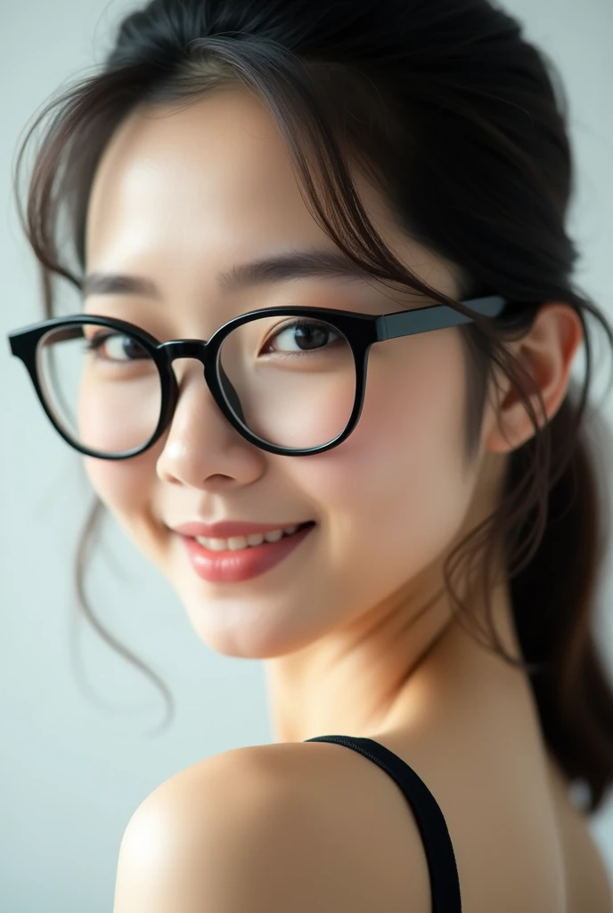 1 person、Close-up of a naked 40-year-old Japanese woman、Facing forward、Photo from chest up、Small breasts、Black-rimmed glasses、Hair slicked back in a ponytail、Thin eyebrows、smile、No background。