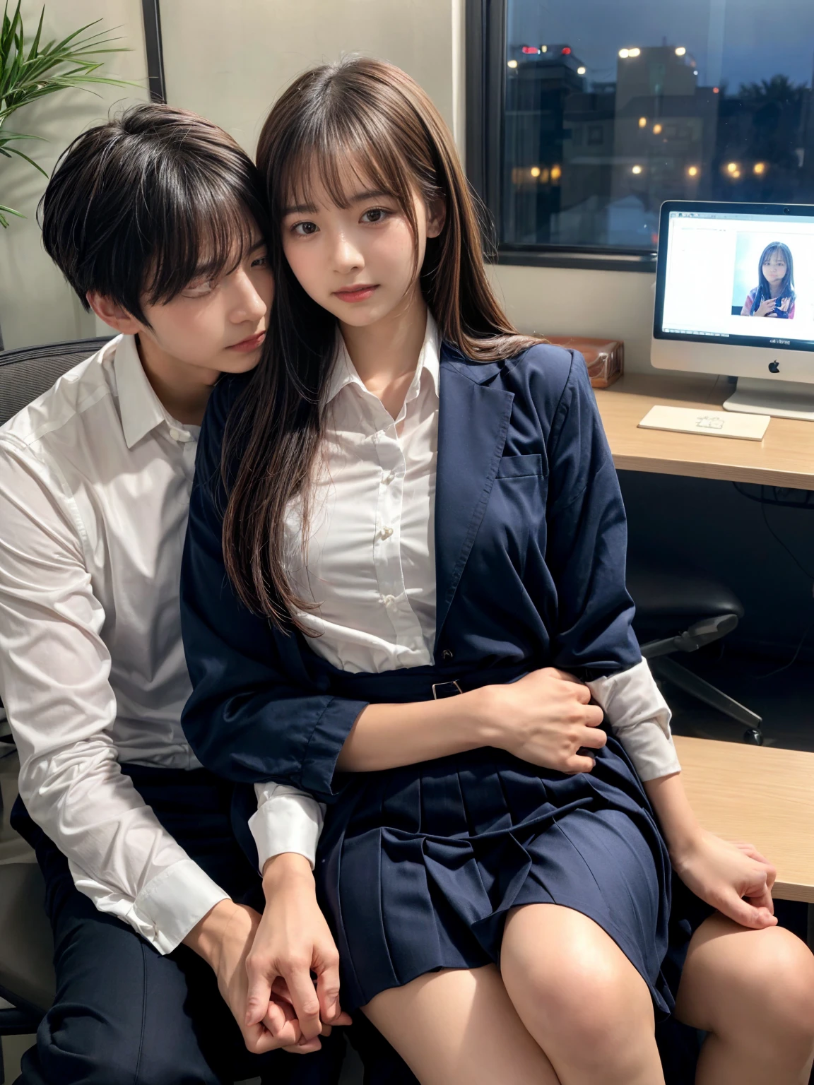A handsome CEO with his beutiful girlfriend,who is on her highschool hot uniform romancing together with him in his luxury office at night.
While he carefully romantically falls down her hair., laege breasts, Hug from behind.