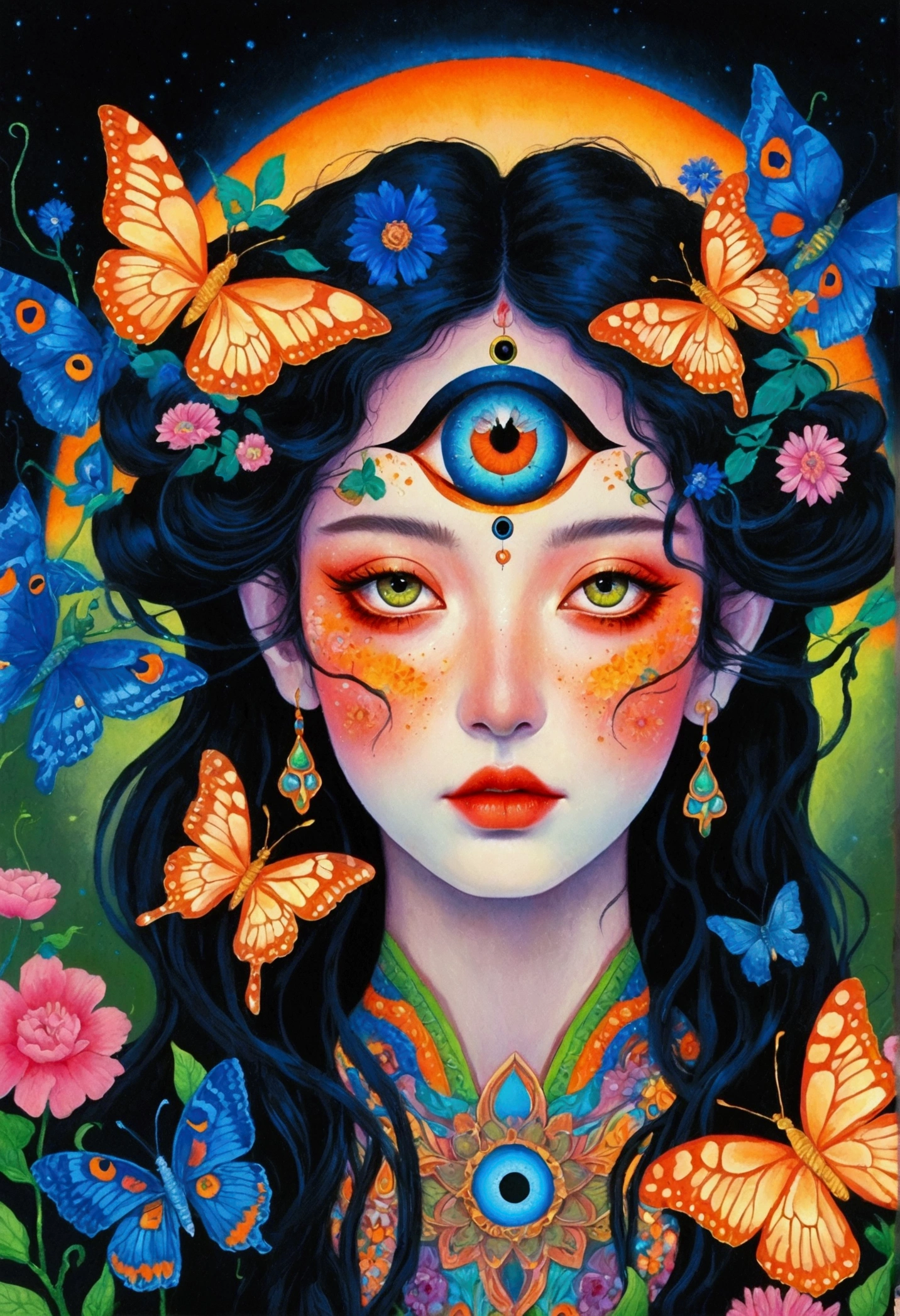 A woman wearing flowers，Paintings with butterflies flying around, highly detailed Fantasy Art, The Third Eye睛, Fantasy Art style, Fantasy Art, Psychedelic Goddess, Psychedelic illustration, The Third Eye的视觉, The Third Eye, Psychedelic Organic, Neon eyes