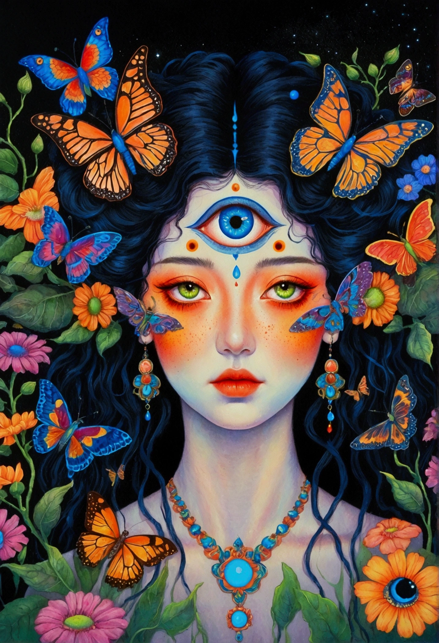 A woman wearing flowers,Paintings with butterflies flying around, highly detailed Fantasy Art, The Third Eye睛, Fantasy Art style, Fantasy Art, Psychedelic Goddess, Psychedelic illustration, The Third Eye的视觉, The Third Eye, Psychedelic Organic, Neon eyes