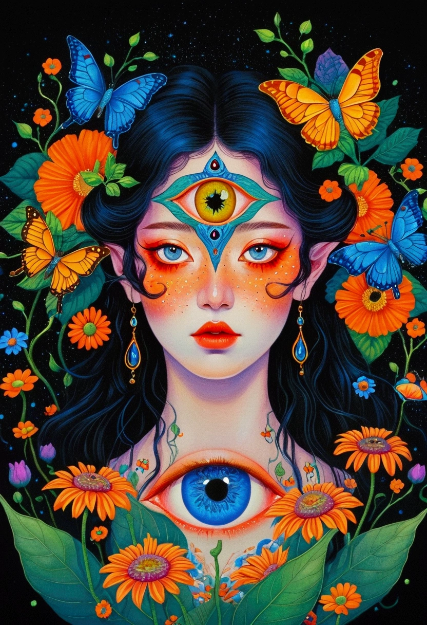 A woman wearing flowers,Paintings with butterflies flying around, highly detailed Fantasy Art, The Third Eye睛, Fantasy Art style, Fantasy Art, Psychedelic Goddess, Psychedelic illustration, The Third Eye的视觉, The Third Eye, Psychedelic Organic, Neon eyes