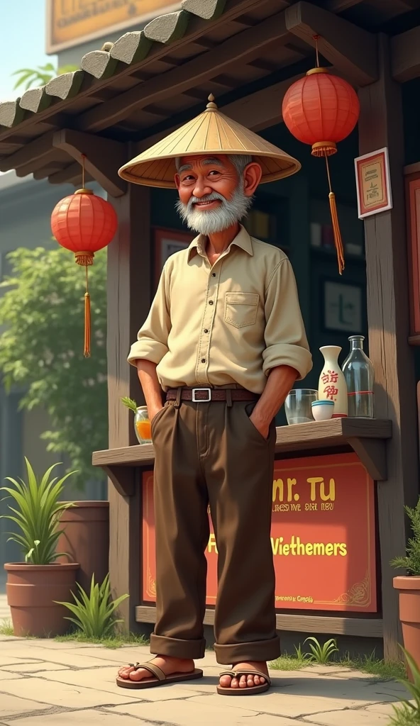  Mr. Tu, tall thin man with silver hair , happy face, wear old shirt and brown pants, wear conical hat and sandals. Mr. Tu đứng trước quán nước miễn phí, wear old shirt and brown pants, happy to welcome guests, with the sign &#39;Free Vietnamese Refreshments&#39;, &#39;Pay as you please&#39; clearly posted."