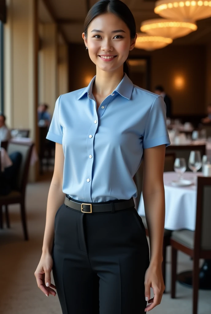 server wearing blue polo and black dress pants with belt black shoes