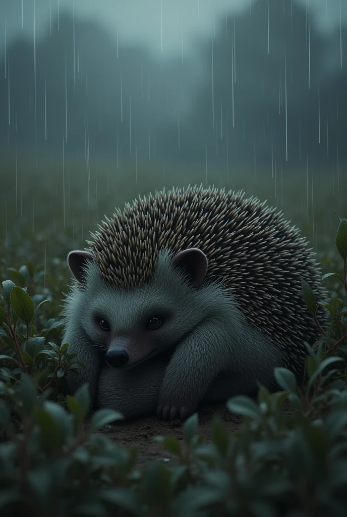 Sad hedgehog curled up in a bush while it rains