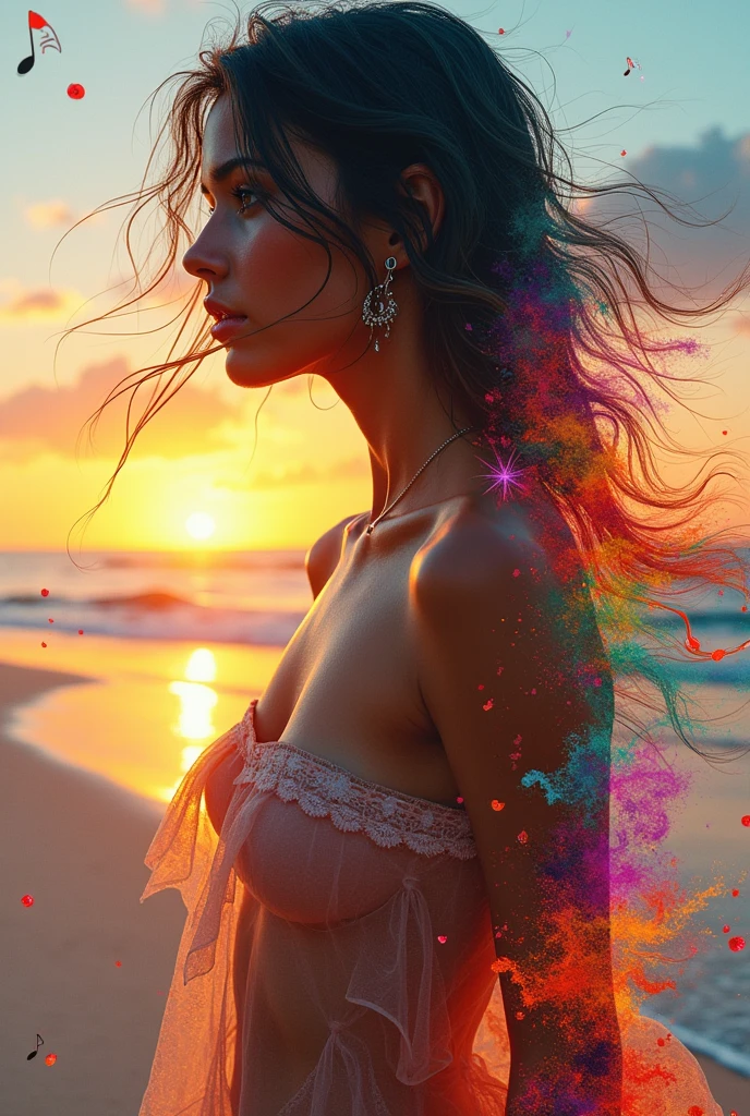 A photograph of a woman set in a painting of a beach sunset. The beautiful girl in the photo has thick flowing hair in a range of vibrant colours. As these colours fly out from her hair they become the brushstrokes of the painting. colorsplash