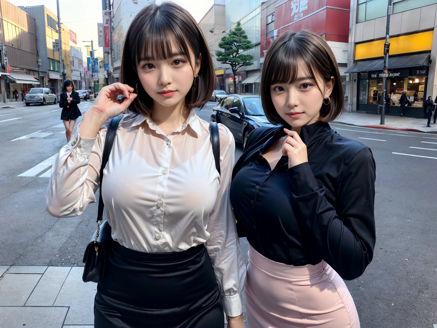 (Surrealism, RAW photo, Nikon, 8k, super detail, masterpiece, intricate details, realistic lighting), 
(anatomically correct, very accurate human body, highly detailed face, realistic skin, realistic), 
(2 girls, , Japanese girls, slim waist and busty body, Slender long legs, large breast, baby face, affectionate cute, surreal woman), 
(round face, black hair, short bob cut, bangs, Down-slating eyebrows, Moist eyes, one little earring, light blush), 
((random elegant pose)), 
(look at camera, stare at viewer:1.3), 
((offce worker, Tight skirts, blouses, jackets, business bags)), 
(tokyo, Main street, many office workers coming to work on background), 
Natural lighting, full length, whole body, 
