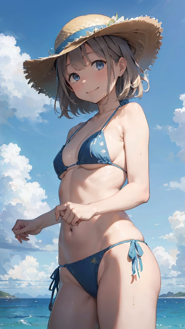 masterpiece, Highest quality, High resolution, Very detailed,(((Asahi Serizawa))), (((smile)))、(((Standing in the distance))), (((Blue bikini))), (((Ocean))), (((Wearing a straw hat。)))